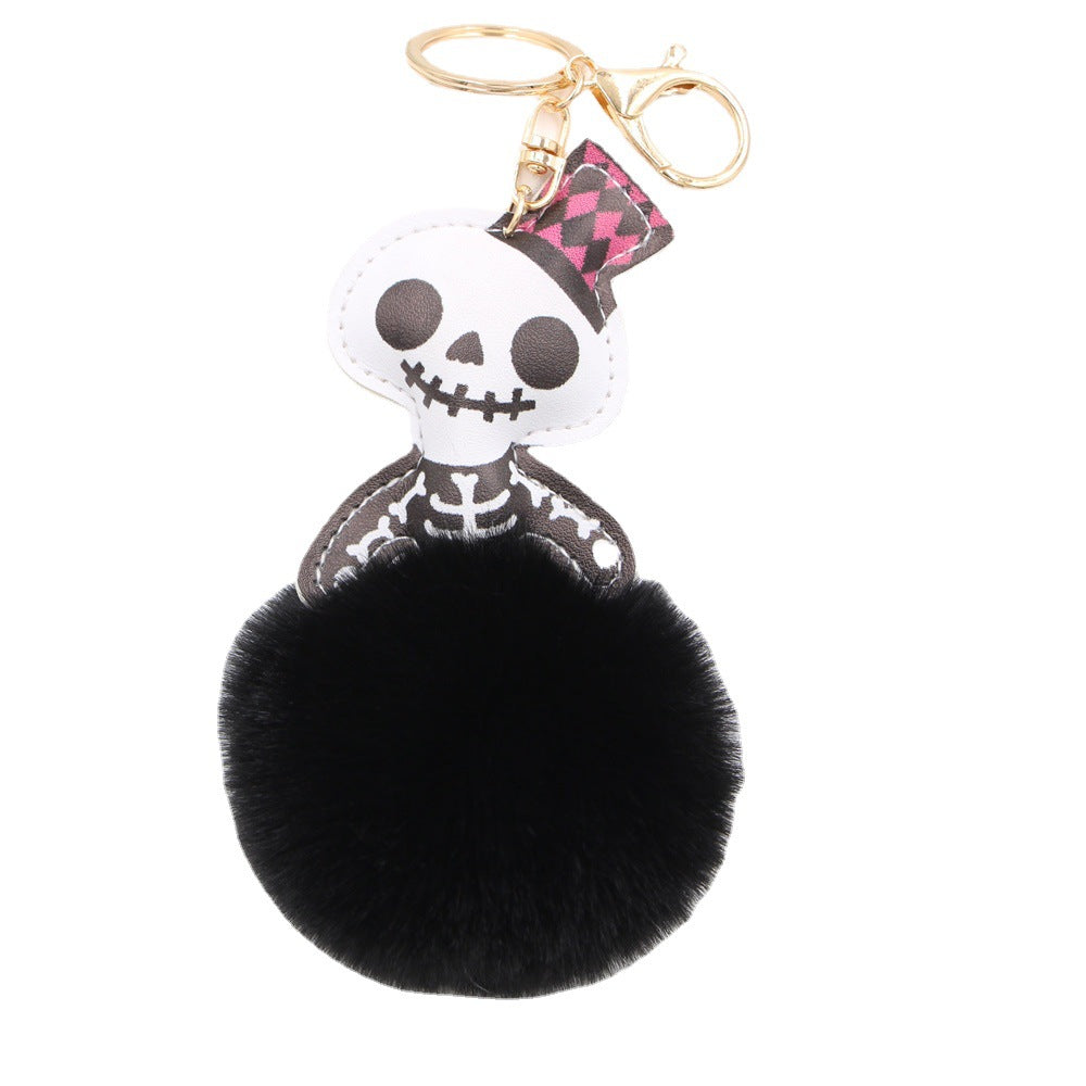 Wholesale Halloween Leather Skull Fur Ball Keychain